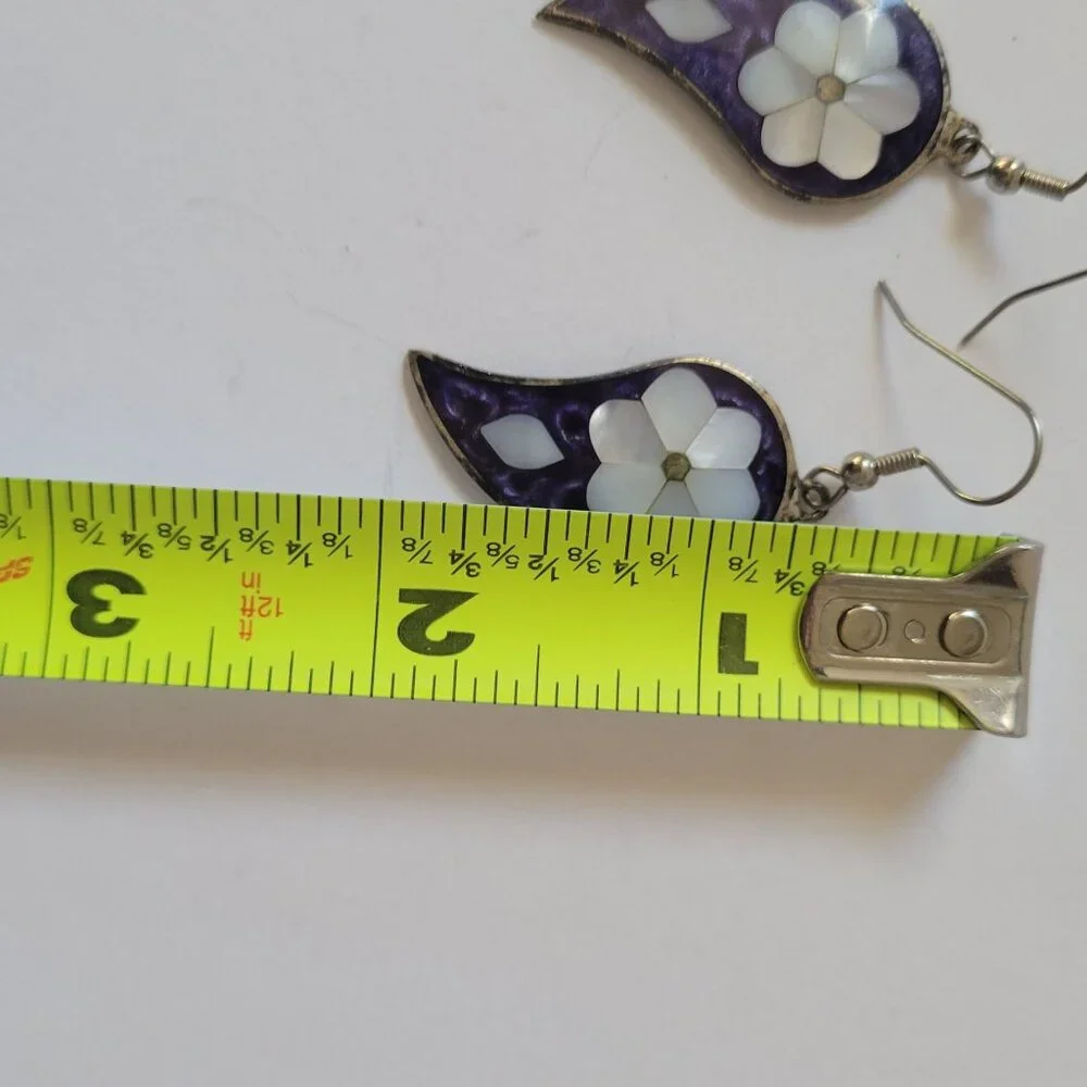 Vintage Mexican Alpaca Silver MOP Floral Drop Earrings - Picture 3 of 4